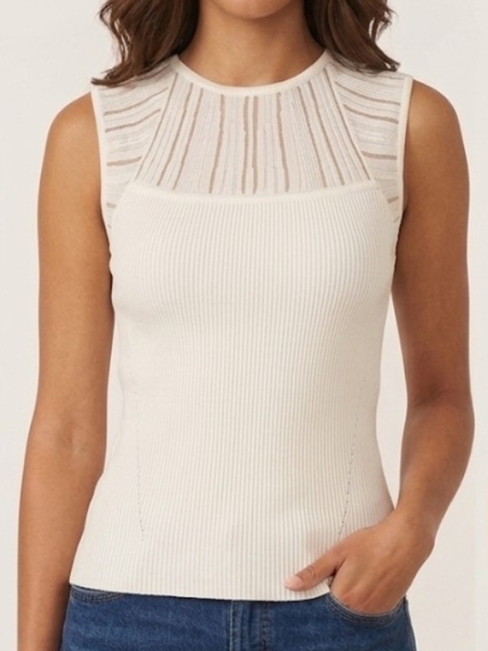 DKNY Cream Ribbed Tank with Sheer Striped Yoke